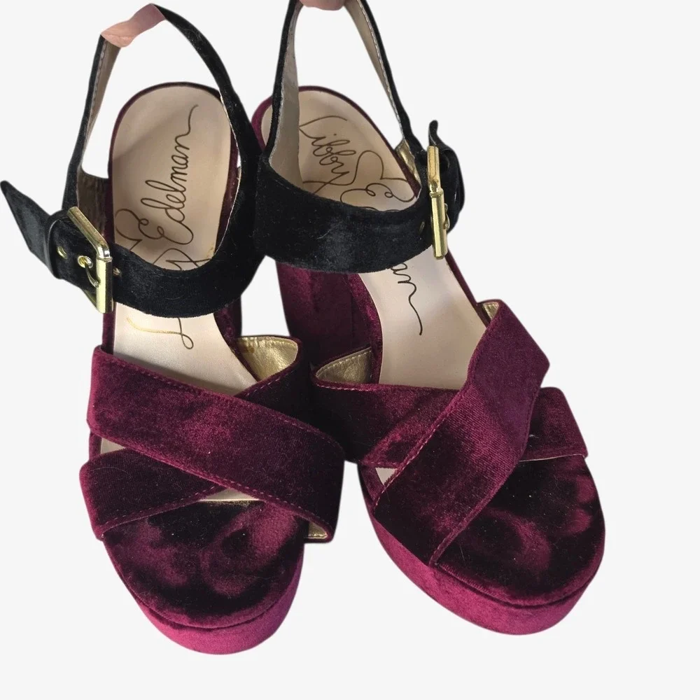 Libby Edelman Whimsigoth Velvet Platform Sandals 7.5M Marsha Burgundy Black